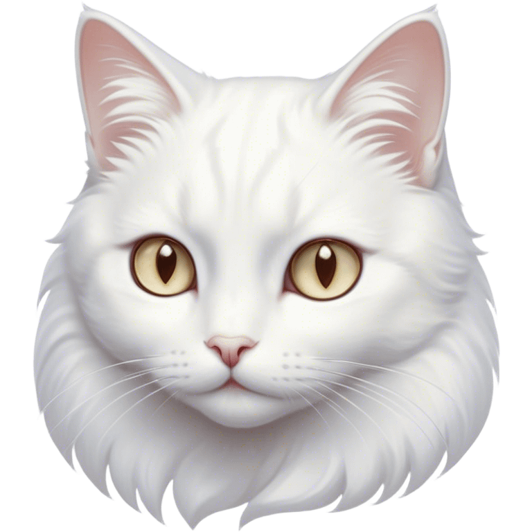 Cinematic Noble White Cat Portrait Emoji, Poised and stately, with a pristine, snow-white fur accented by delicate hints of silver, refined whiskers and a serene, focused gaze, simplified yet impeccably detailed, glowing with an ethereal radiance and timeless elegance, high shine, exuding calm intelligence and regal simplicity, soft glowing outline, capturing the essence of a noble white cat that radiates quiet majesty! emoji