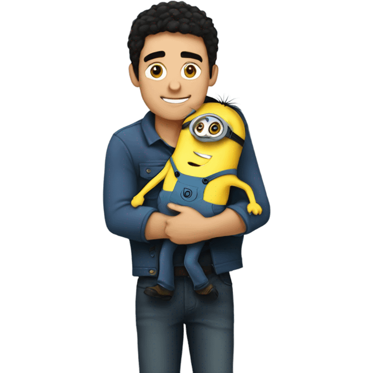 white male, brown eyes, black hair hugging and holding a minion with green eyes emoji