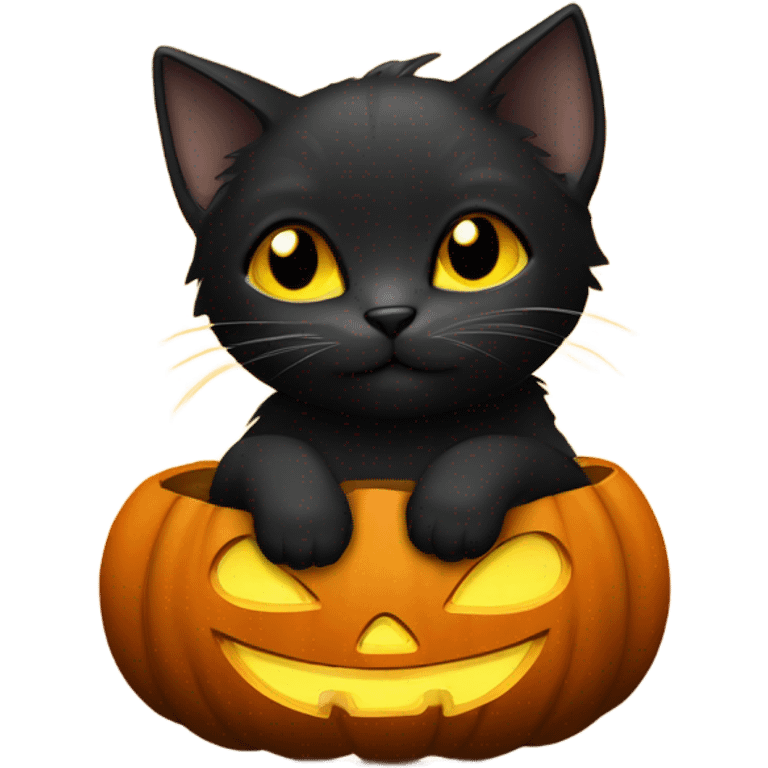 black cute kitten with yellow eyes sitting inside of a jack o lantern emoji