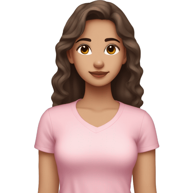 hispanic pretty girl with brown hair and light fair pale skin in pink shirt coquette aesthetic  emoji