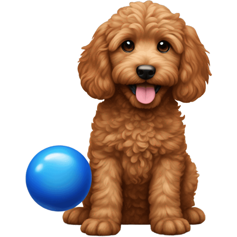 Red mini Goldendoodle with blue ball in mouth and paw raised emoji