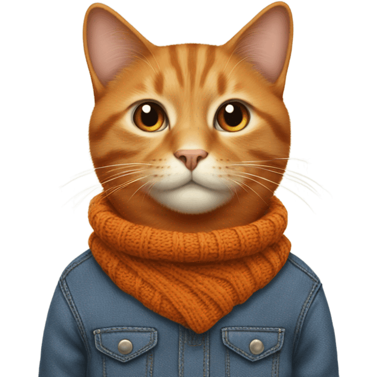 orange cat wearing brown sweater with blue collar and log hurt blue jeans emoji