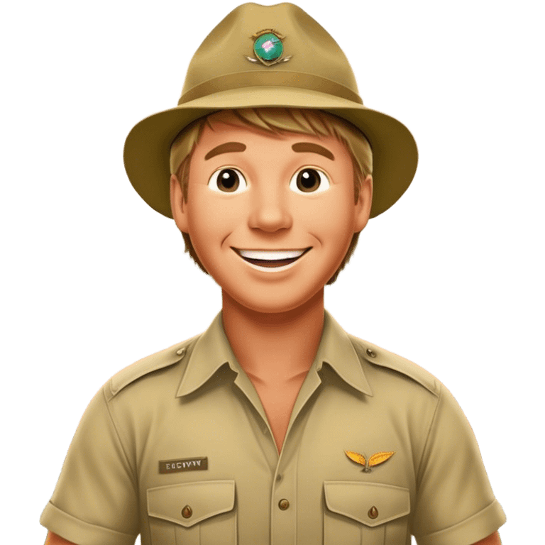 Cinematic Realistic Steve Irwin Portrait Emoji, depicted as a passionate wildlife expert in his signature khaki attire with an enthusiastic smile and a backdrop of the Australian outback, rendered with vibrant textures and dynamic natural lighting that captures his adventurous spirit. emoji