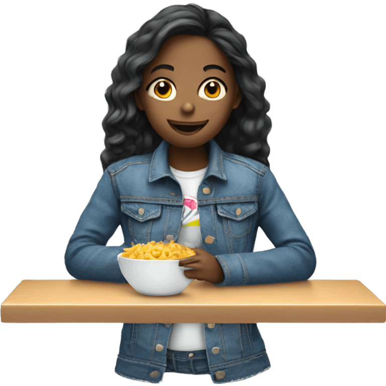 girl with denim jacket eating emoji