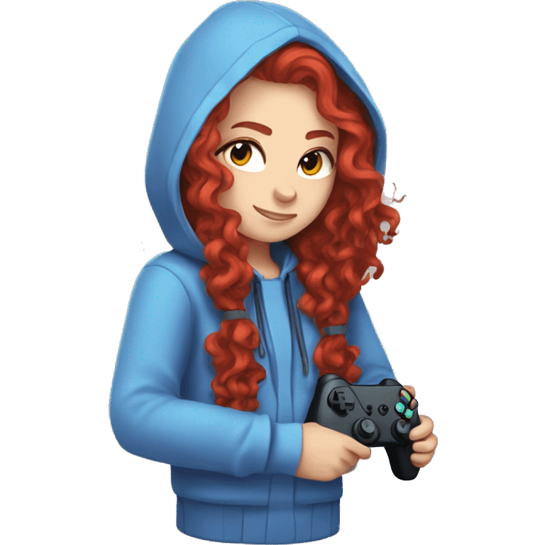 a white girl with long red curly hair, wearing periwinkle Minecraft hoodie holding a controller emoji