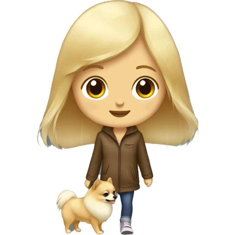 Blonde girl walking pomeranian under the rain emoji