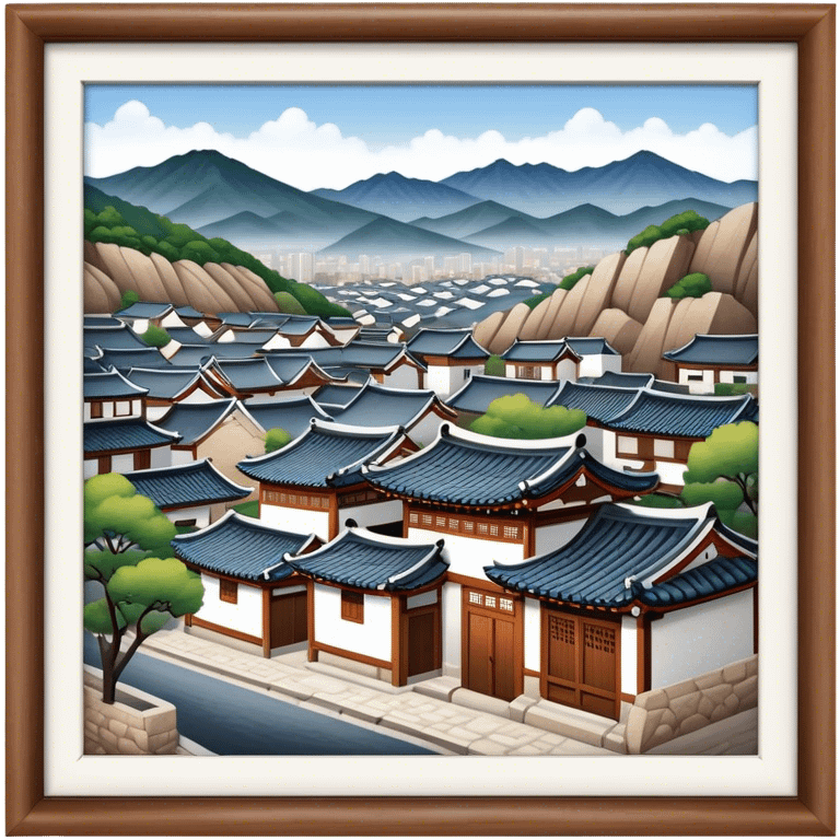 Cinematic Realistic Bukchon Hanok Village Landmark Emoji, depicted with traditional Korean houses set against a scenic backdrop rendered with detailed textures and warm, inviting lighting. emoji