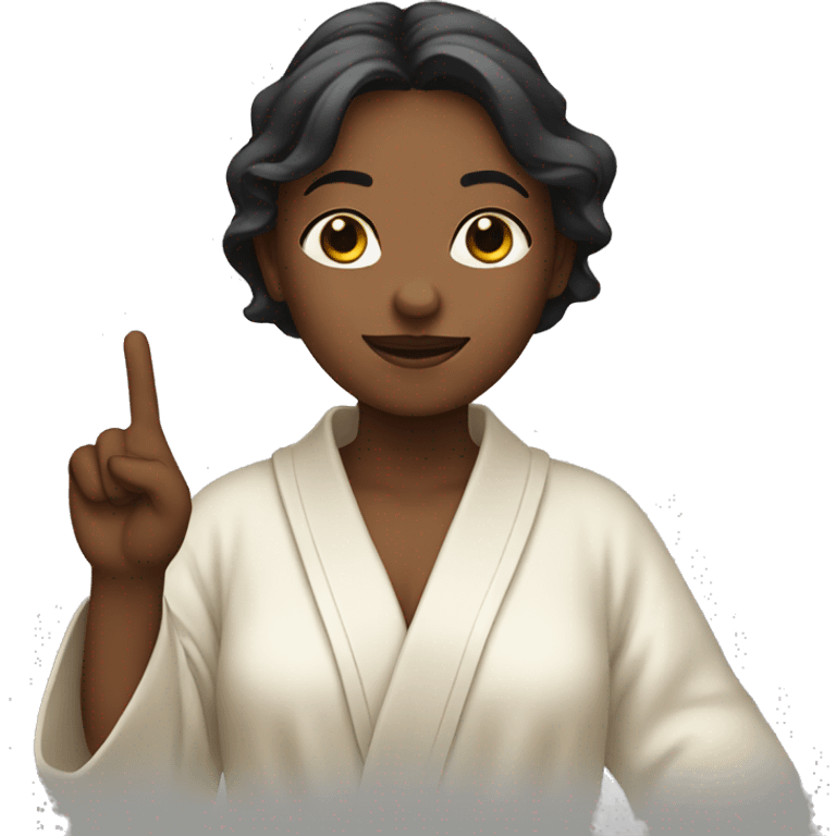 Girl in robe holding up 3 fingers emoji