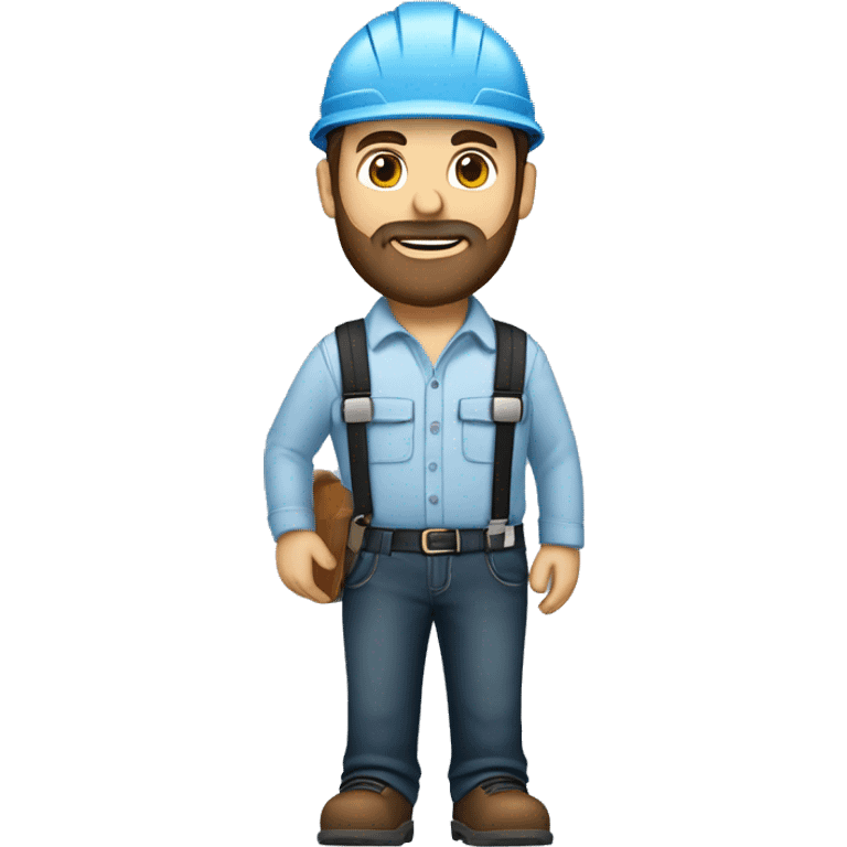 Mid white engineer wearing light blue blouse and black jeans and brown safety shoes and  white helmet and he has a slight black beard  emoji