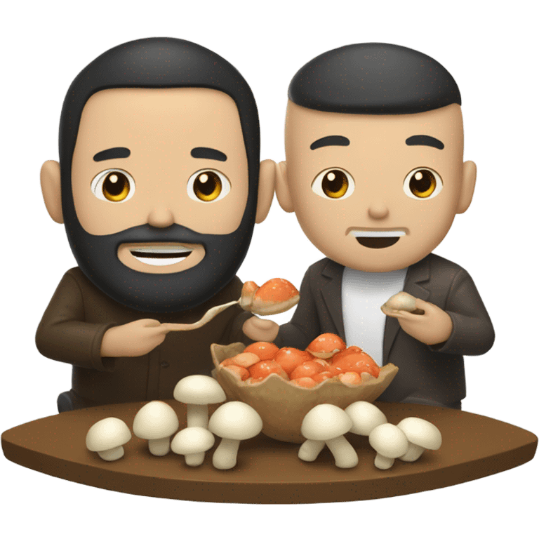 Bald bearded white man and wavy black haired Asian man eating mushrooms emoji