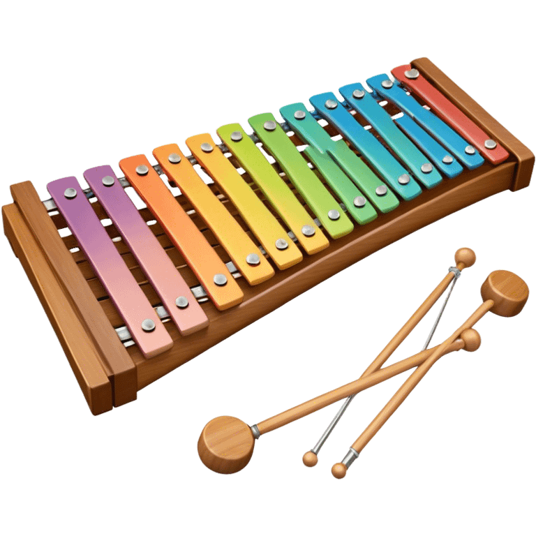 Create a vibrant and detailed emoji representing a Fleet FLT-SX37 xylophone. The design should feature the sleek wooden keys of the xylophone, arranged neatly on the frame, with metal bars clearly visible. Add the mallets placed beside the instrument or in motion, highlighting their soft rubber heads. Use warm, natural wood tones for the keys, with subtle metallic accents to reflect the professional quality of the instrument. Add small musical notes or soundwaves around the xylophone to evoke its bright, percussive sound. The background should be transparent. emoji