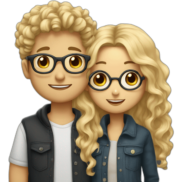 Boy with curly blonde hair and glasses kissing girl with wavy black hair and glasses emoji