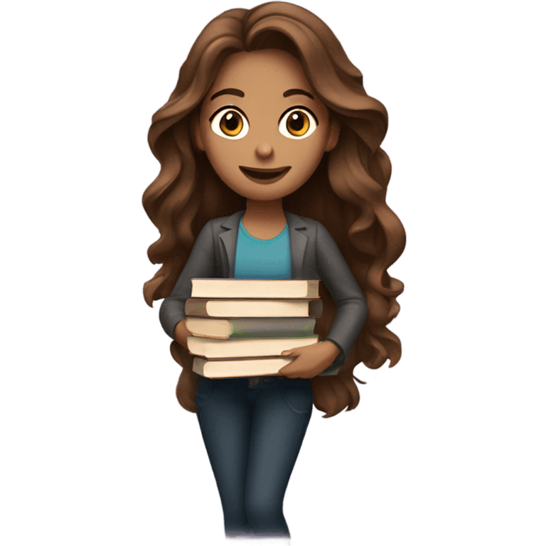 A woman with long wavy brown hair and books emoji