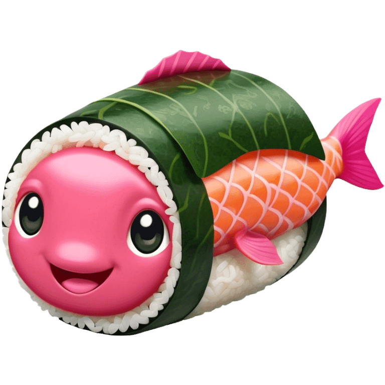 Cute Kawaii Maki Sushi Roll, small and round, wrapped in soft dark green seaweed, tiny grains of rice peeking out, a bright pink fish filling, a cheerful smiling face! emoji