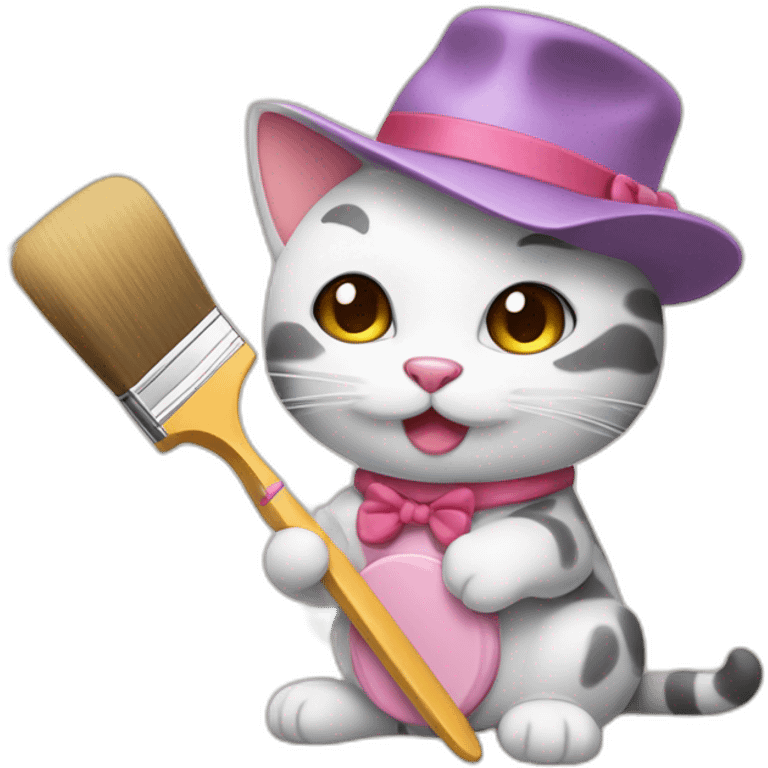 Kawaii cat artist in hat holding palette and brush so it can be used as a mouse cursor emoji