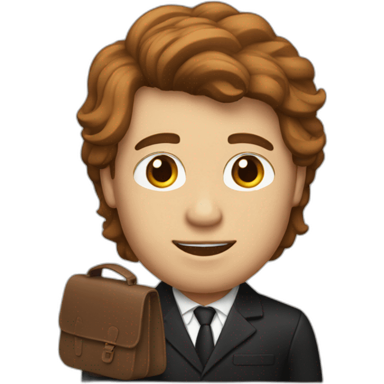 man in black suit with brown locks and work bag emoji