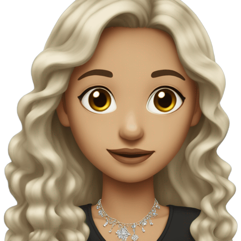 a girl with black long wavy hair, wearing an e necklace, shes wearing elegant clothes and jewelry with natural makeup  emoji