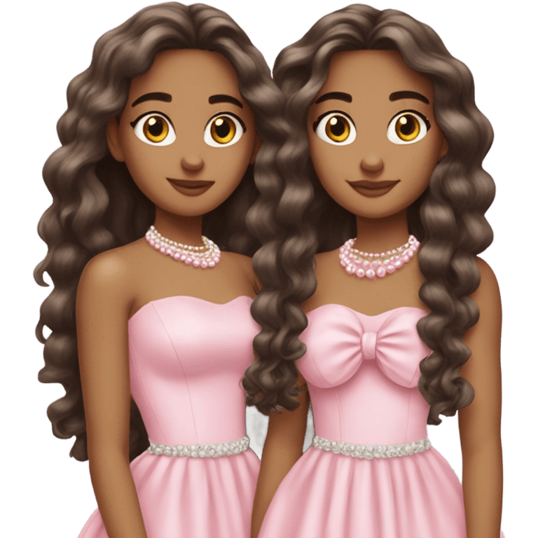 two pretty teenage Latina twins. pink. Long hair. Pink bows. Pearls. Light pink. Diamonds dress. emoji