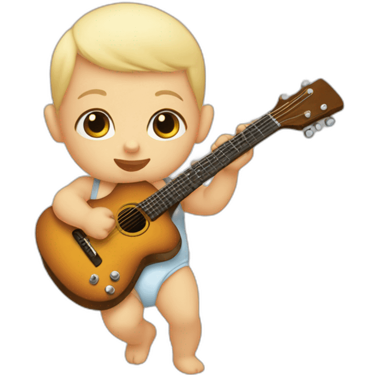 a 1-year-old baby, blond and bald, in diapers, playing a mini guitar emoji