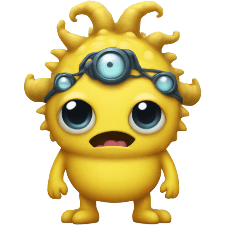 Yellow monster with 4 eyes and a big belly with pigtails and bows emoji