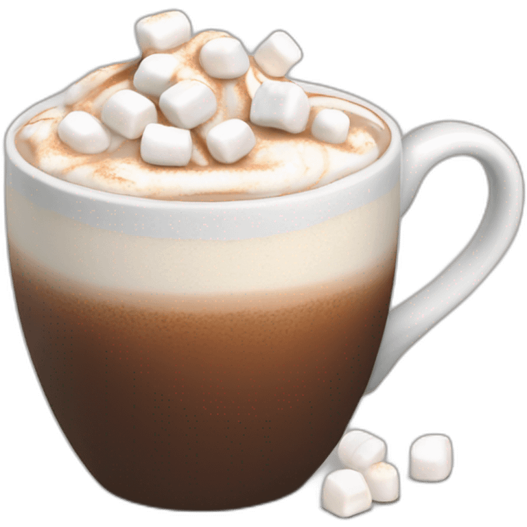 white mug of hot chocolate with mini marshmallows and whipped cream emoji