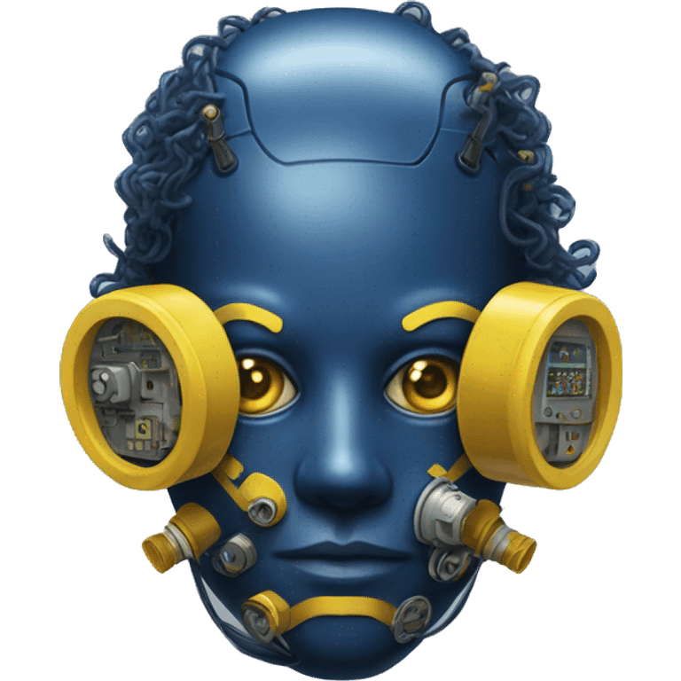 Dark Blue curly hair cyborg head with yellow respirator mask and circuitry emoji