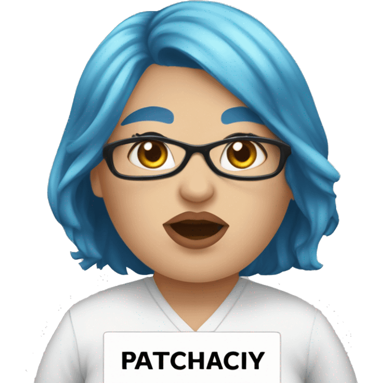 Blue hair, overweight female wearing a medical mask, holding a sign saying: "down with the patriarchy" with a speech bubble from her mouth saying: "I go by Ze/Zar" emoji