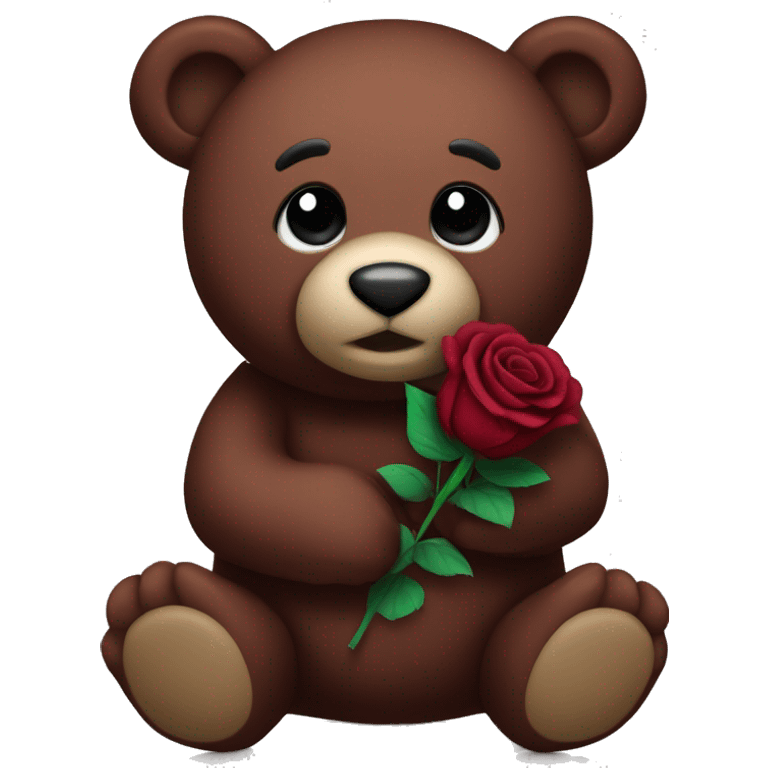 a burgundy stuff animal bear that’s holding 3 black roses emoji