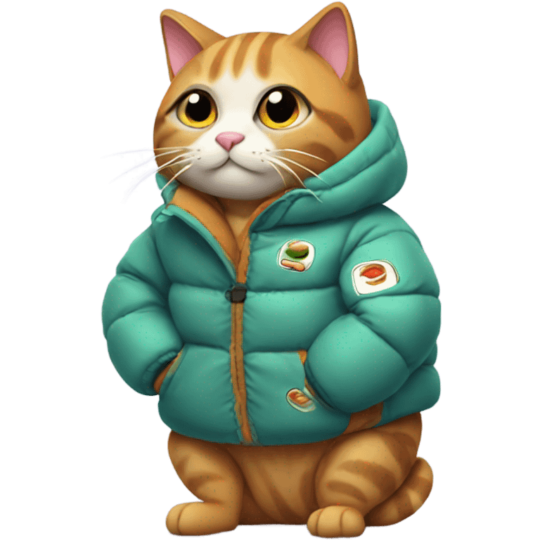 cat wearing a puffy jacket eating sushi emoji