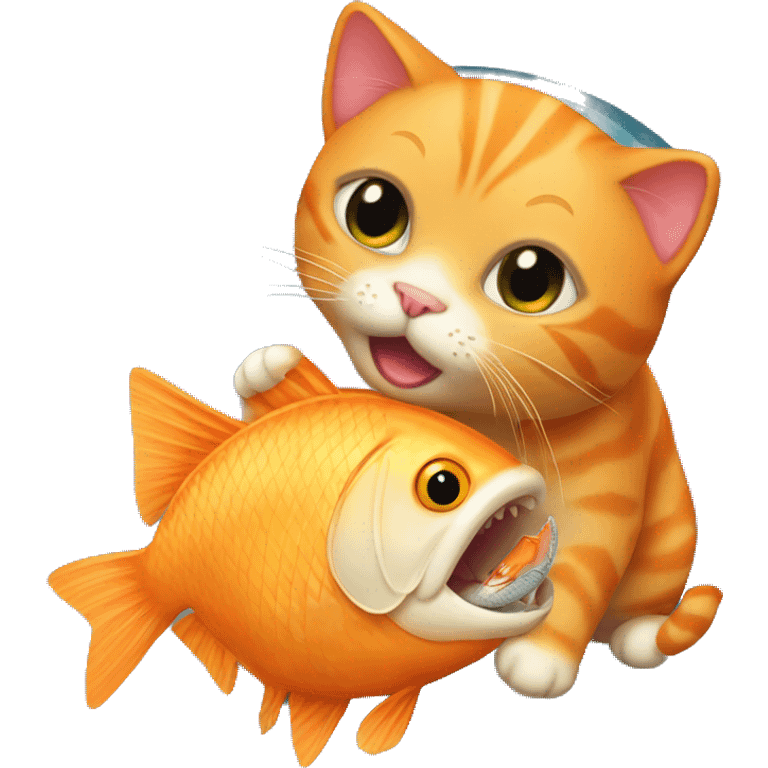 A little orange cat is eating fish. emoji