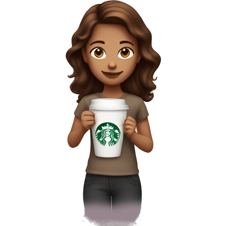 A girl with brown hair with a Starbucks cup emoji