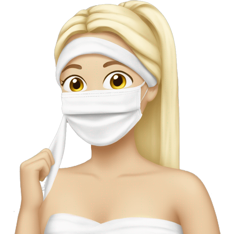 blonde girl applying white sheet face mask with a towel in her hair emoji