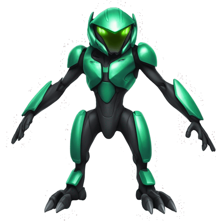 a shiny black-green Genesect-Raptor-Fakémon—hybrid with a futuristic visor-helmet full body emoji