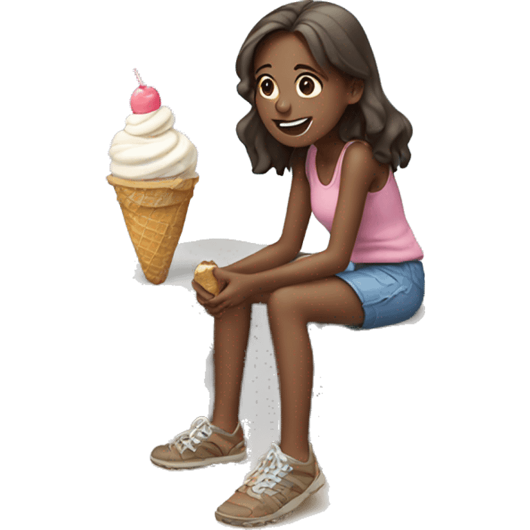 Girl eating ice cream on a big rock on the beach emoji