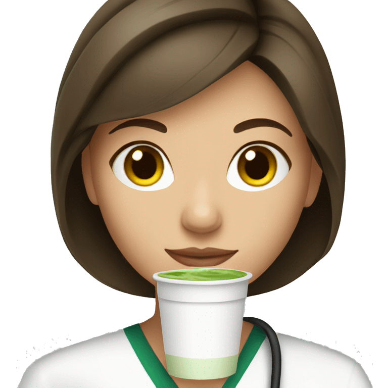 Brunette nurse drinking matcha latte emoji