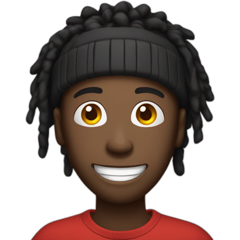 Black guy with dreads and red beanie with open wide mouth smiling with his tongue out while he is looking only with his eyes up emoji