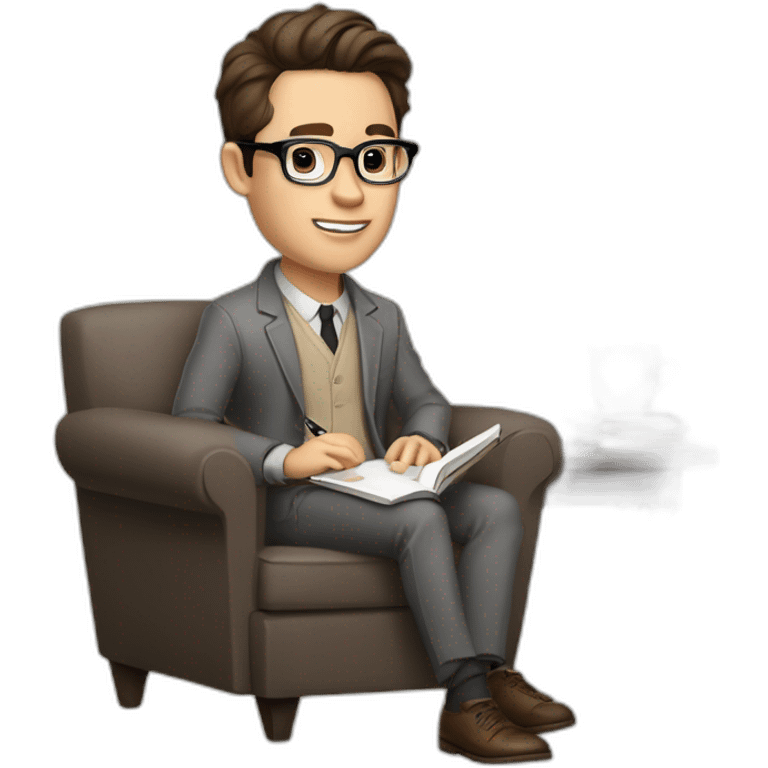 Pale skinned Fit Man With dark brown hair in gray jacket, beige office shirt, Brown pants and vintage glasses sitting In a soft chair with a notebook with emblem Ψ and a pen in his hands emoji