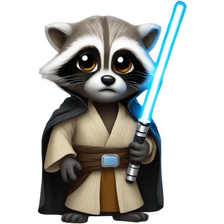 Racoon dressed up as a Jedi with a lightsaber emoji