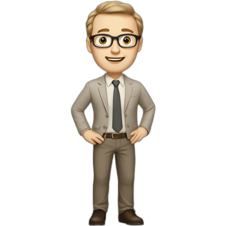 Full height Actively Gesturing Pale skinned fit man with dark brown hair in gray jacket, beige office shirt, brown tie, brown pants and vintage glasses. emoji