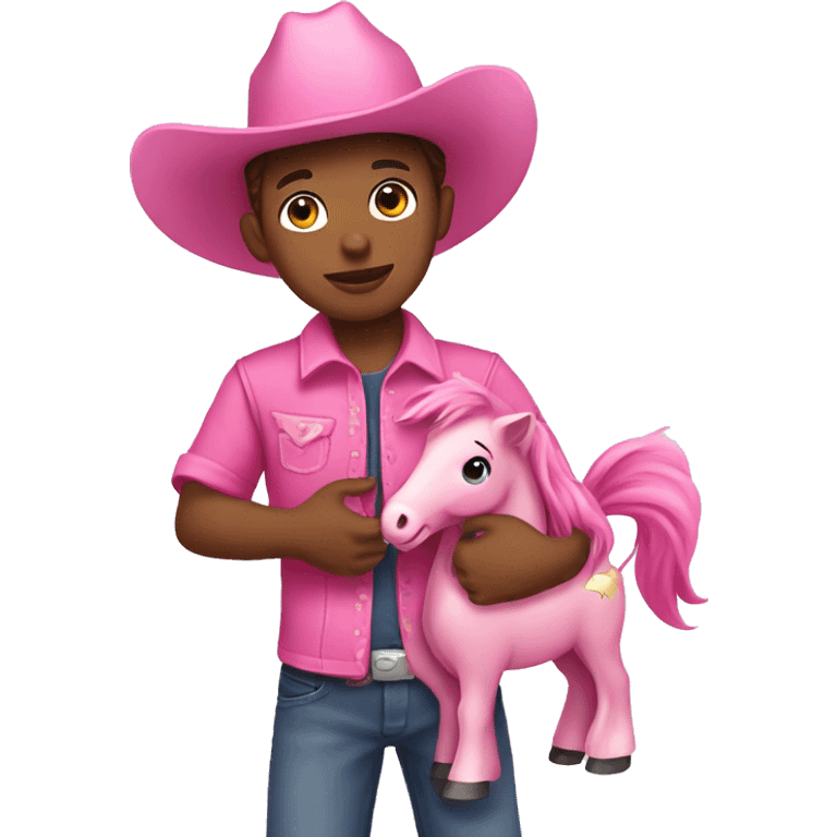 boy wearing a pink cowboy hat with pink dress holding a pink pony toy emoji