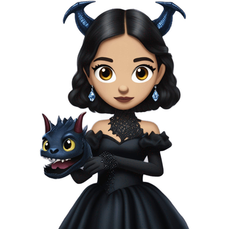 relaxed low-cut back silky black evening ball gown with lace gloves, Jenna Ortega as Addams woman wearing a mini diamond tiara, very large blood blue evil-looking horned old dragon hand puppet emoji