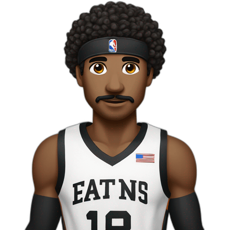 black basketball player with moustache holding the notebook wearing black and white jersey curly hair and black headband emoji