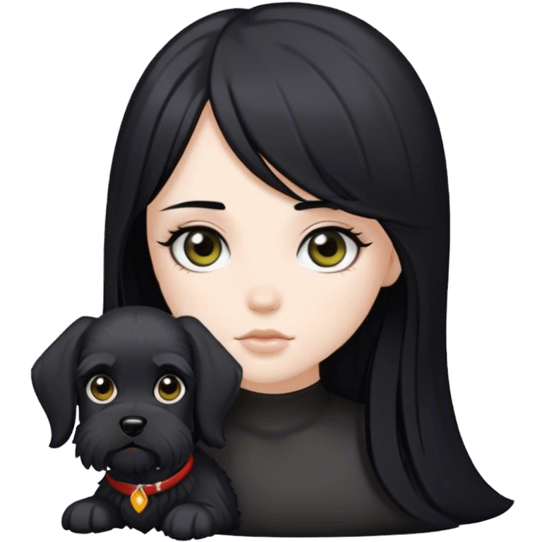 pale girl with light eyes and long black hair and black schnauzer emoji