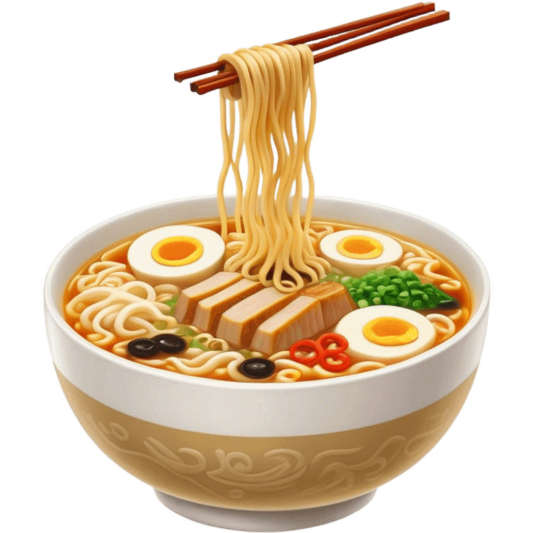 Cinematic Realistic Ramen Dish Emoji, showcasing a steaming bowl of rich broth with noodles and toppings rendered with dynamic textures and inviting, warm lighting. emoji