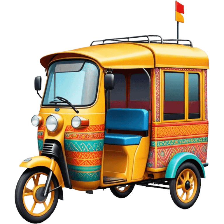 Cinematic Realistic image of a colorful auto rickshaw, rendered with detailed textures and lively, bold hues, set on a bustling urban street with dynamic, vibrant lighting that emphasizes its iconic role emoji