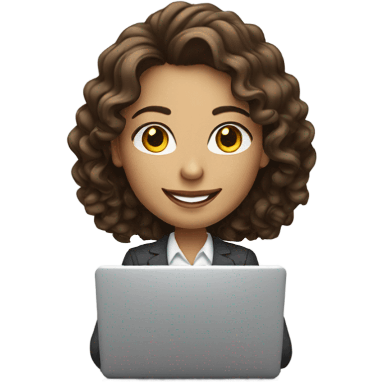 Business woman typing on a laptop with long curly brown hair and white skin smiling emoji