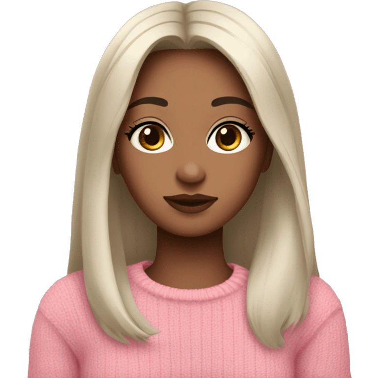 the girl has fair skin, dark straight hair, sweater, brown eyes, pink lips, long eyelashes emoji