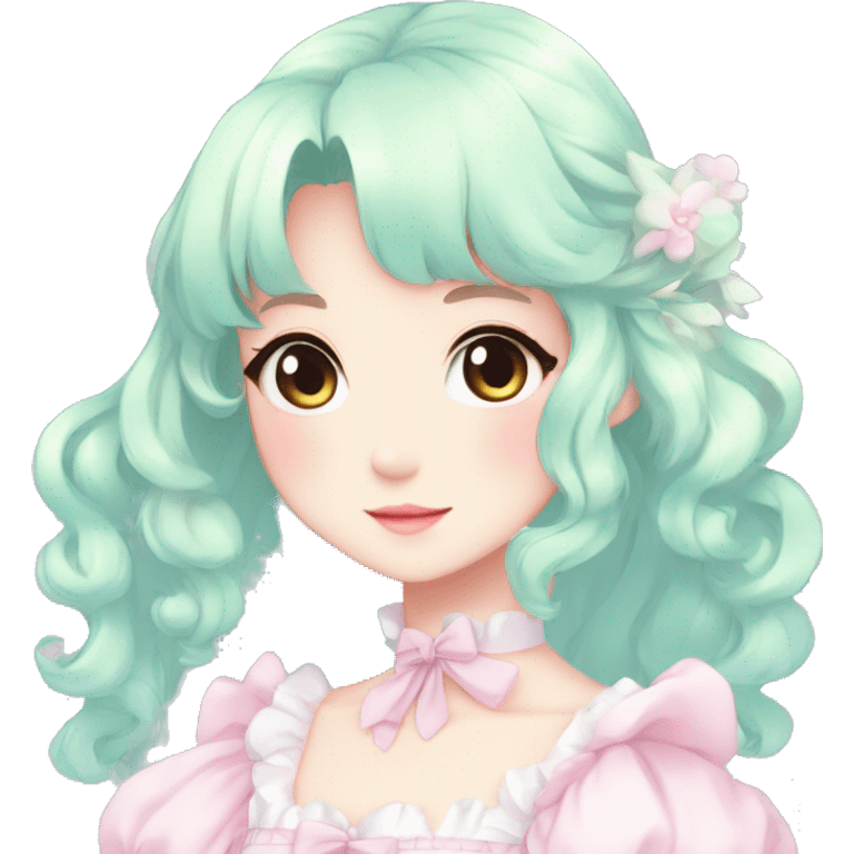 Gorgeous pastel anime style lady with blushing face and a dress cottagecore fairycore  Kawaii anime colorful pearly romantic simplistic aesthetic trending style emoji