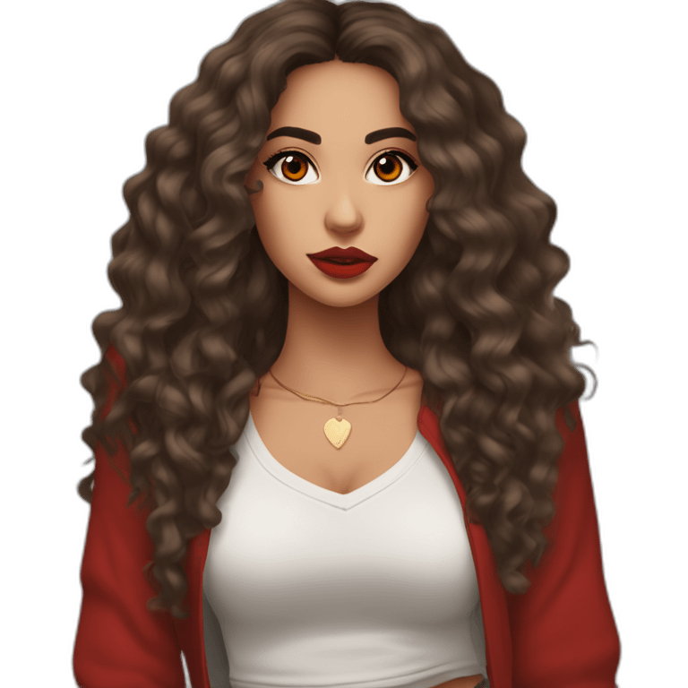 young moroccan woman with dark brown eyes, dark long curling hair, red lips, streetwear outfit emoji