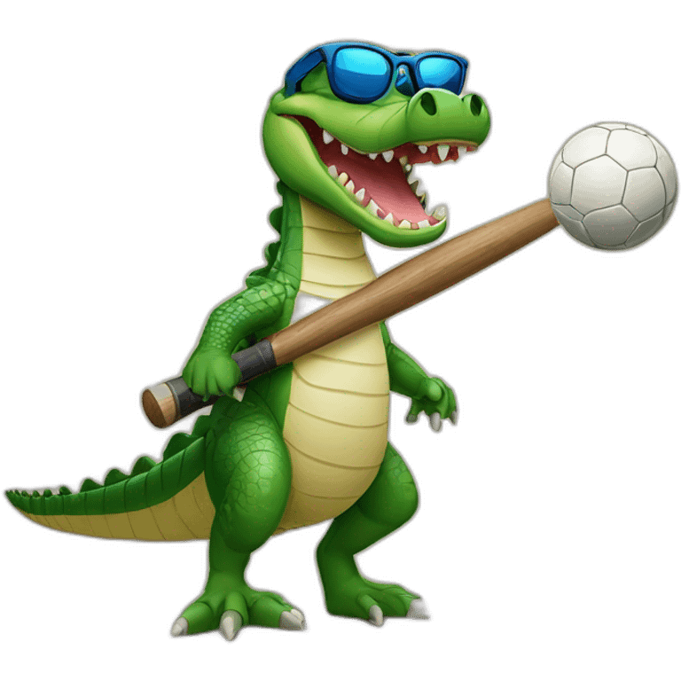 Crocodile with sunglasses leaning on a baseball bat and a soccer ball at his feet emoji